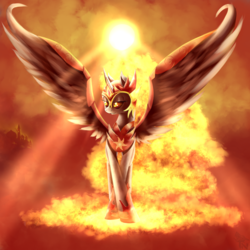Size: 1600x1600 | Tagged: dead source, safe, artist:quefortia, daybreaker, alicorn, pony, a royal problem, g4, backlighting, crepuscular rays, female, fire, helmet, mare, smiling, solo, spread wings, sun, wings