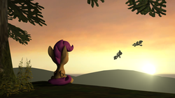 Size: 1920x1080 | Tagged: safe, artist:litterpaws, cloudchaser, flitter, scootaloo, pony, g4, 3d, feels, sad, scootaloo can't fly, scootasad, source filmmaker, sunset