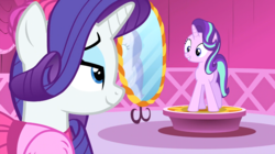 Size: 1196x672 | Tagged: safe, screencap, rarity, starlight glimmer, pony, unicorn, g4, my little pony: friendship is magic, no second prances, duo, lidded eyes, looking at each other, smiling