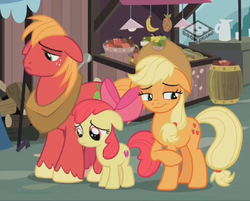 Size: 596x480 | Tagged: safe, screencap, apple bloom, applejack, big macintosh, earth pony, pony, g4, the perfect pear, apple siblings, apple sisters, brother and sister, cropped, female, filly, floppy ears, foal, male, mare, sad, siblings, sisters, stallion
