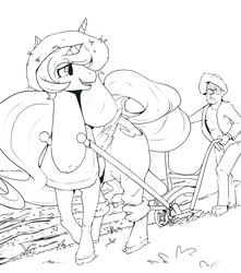 Size: 3264x3700 | Tagged: safe, artist:violise, princess celestia, oc, oc:anon, alicorn, pony, g4, /mlp/, 4chan, butt, clothes, drawthread, duo, farm, frown, funny, garden, gardening, gardening clothes, harness, hat, high res, horse collar, horses doing horse things, labor, labour, looking back, monochrome, overalls, pants, plot, plow, shirt, straw hat, tack, the ass was fat