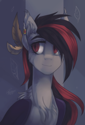 Size: 2193x3200 | Tagged: safe, artist:orfartina, oc, oc only, oc:dark lightning, bat pony, pony, commission, ear piercing, female, high res, mare, piercing, red eyes, slit pupils, smiling, solo