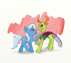 Size: 1350x1200 | Tagged: safe, artist:eulicious, thorax, trixie, changedling, changeling, pony, unicorn, g4, bedroom eyes, female, king thorax, male, mare, seduction, shipping, simple background, straight, sweat, thoraxie