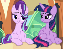Size: 880x686 | Tagged: safe, screencap, starlight glimmer, twilight sparkle, alicorn, pony, unicorn, g4, the times they are a changeling, cropped, lidded eyes, looking at each other, sitting, smiling, smug, smuglight glimmer, smuglight sparkle, train, twilight sparkle (alicorn)