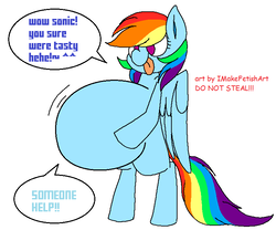 Size: 750x624 | Tagged: safe, artist:imakefetishart, rainbow dash, pegasus, pony, g4, belly, bipedal, circle tool, do not steal, female, fetish, male, mare, preddash, simple background, sonic the hedgehog, sonic the hedgehog (series), tongue out, vore, white background