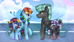 Size: 1024x585 | Tagged: safe, artist:northlights8, rainbow dash, thunderlane, oc, oc:brisk dawn, oc:tanzanite, pegasus, pony, g4, blushing, colored pupils, colt, ear fluff, female, filly, flight camp, freckles, male, mare, offspring, parent:rainbow dash, parent:rarity, parent:soarin', parent:thunderlane, parents:rarilane, parents:soarindash, raised hoof, stallion, story included