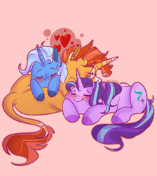 Size: 1024x1142 | Tagged: dead source, safe, artist:soft-arthropod, starlight glimmer, sunburst, trixie, classical unicorn, pony, unicorn, g4, bisexual, blushing, cloven hooves, cuddle puddle, cuddling, ear fluff, eyes closed, female, heart, horn, leaning, leonine tail, lesbian, male, mare, on side, on top, pink background, polyamory, pony pile, prone, ship:starburst, ship:startrix, ship:startrixburst, ship:trixburst, shipping, simple background, sleeping, smiling, stallion, straight, sunburst gets all the mares, unshorn fetlocks