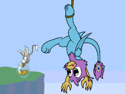 Size: 1000x750 | Tagged: safe, artist:bluefairymodfather, oc, oc only, oc:der, oc:gyro feather, oc:gyro tech, griffon, animated, cookie, food, gif, griffonized, hanging, jar, licking, licking lips, micro, snare trap, species swap, swinging, that griffon sure "der"s love cookies, tongue out, upside down