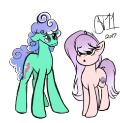 Size: 1580x1622 | Tagged: safe, artist:binkyt11, oc, oc only, oc:bubble trouble, oc:cassandra flora, earth pony, pony, unicorn, duo, female, floppy ears, looking up, male, mare, sad, simple background, stallion, white background