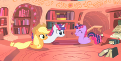 Size: 1920x975 | Tagged: safe, edit, edited screencap, screencap, applejack, rarity, twilight sparkle, earth pony, pony, unicorn, worm pony, g4, look before you sleep, cursed, cursed image, eyes closed, female, golden oaks library, hair curlers, limbless, mare, missing accessory, no legs, open mouth, ponyloaf, smiling, twiworm, unicorn twilight, wat
