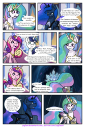 Size: 1024x1536 | Tagged: safe, artist:yogfan, princess cadance, princess celestia, princess luna, shining armor, tree of harmony, pony, comic:but i do now, g4, comic, concerned, female, jewelry, raised hoof, regalia, sisters