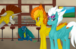 Size: 1640x1070 | Tagged: safe, fleetfoot, spitfire, oc, pony, g4, bar, female, first meeting, sunglasses, wonderbolts