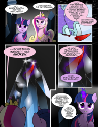 Size: 1275x1650 | Tagged: safe, artist:dsana, princess cadance, twilight sparkle, alicorn, pony, comic:the shadow shard, g4, armor, colored horn, comic, crystal guard, crystal guard armor, curved horn, dark magic, horn, magic, severed horn, sombra's horn, twilight sparkle (alicorn)