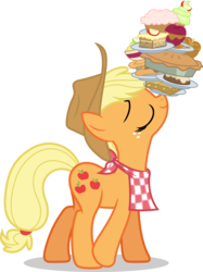 Size: 3749x5000 | Tagged: safe, artist:dashiesparkle, applejack, earth pony, pony, a bird in the hoof, g4, season 1, .svg available, absurd resolution, apple, apple pie, balancing, caramel apple (food), cupcake, eyes closed, female, food, mare, pie, ponies balancing stuff on their nose, simple background, smiling, solo, transparent background, vector