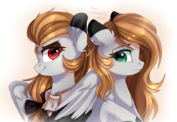 Size: 1279x886 | Tagged: safe, artist:ten-dril, oc, oc only, pegasus, pony, back to back, clothes, duo, female, green eyes, mare, red eyes