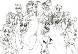 Size: 6936x4812 | Tagged: safe, artist:hispurpleness, carrot top, cheerilee, derpy hooves, discord, golden harvest, lyra heartstrings, princess luna, sunshower raindrops, trixie, oc, oc:dyno, oc:shining spark, anthro, fanfic:fall of starfleet rise of harmony, g4, absurd resolution, flag, monochrome, resistance, staff, swag, umbra circle