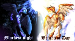 Size: 2370x1308 | Tagged: dead source, safe, artist:not-ordinary-pony, daybreaker, nightmare moon, alicorn, pony, a royal problem, g4, duo, female, helmet, looking at each other, mare, sisters, smiling