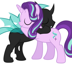 Size: 2137x1893 | Tagged: safe, artist:derphed, starlight glimmer, oc, oc:steel crescent, changeling, pony, unicorn, g4, changeling oc, duo, fangs, happy, hug, request, simple background, smiling, white background