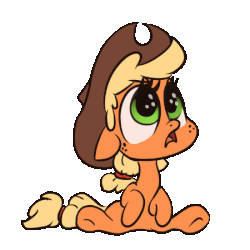 Size: 450x450 | Tagged: safe, artist:assasinmonkey, applejack, earth pony, pony, g4, animated, chibi, cute, female, floppy ears, frown, gif, headbob, jackabetes, leg twitch, looking up, mare, open mouth, sad, simple background, sitting, solo, transparent background, underhoof, weapons-grade cute