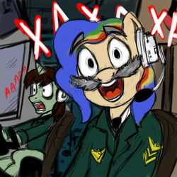 Size: 540x540 | Tagged: safe, artist:genrihvolf, oc, pony, facial hair, laughing, moustache, parody, pilot, plane, ponified, russian