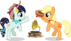 Size: 9336x5361 | Tagged: safe, artist:jhayarr23, applejack, coloratura, earth pony, pony, g4, absurd resolution, cute, dancing, duo, female, lesbian, looking at each other, mare, ship:rarajack, shipping, simple background, smiling, transparent background