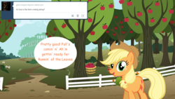 Size: 1280x720 | Tagged: safe, artist:hakunohamikage, applejack, earth pony, pony, ask-princesssparkle, g4, apple tree, ask, female, solo, sweet apple acres, tree, tumblr