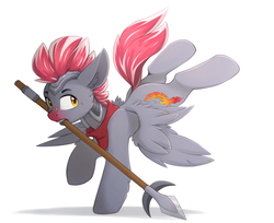 Size: 1800x1466 | Tagged: safe, artist:n_thing, oc, oc only, pegasus, pony, armor, helmet, male, mouth hold, solo, spear, spread wings, stallion, weapon, wings