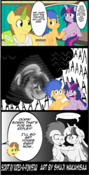 Size: 1682x3319 | Tagged: safe, artist:shujiwakahisaa, doctor horse, doctor stable, flash sentry, twilight sparkle, alicorn, alien, pony, xenomorph, comic:the magic of pregnancy, g4, alien (franchise), bait and switch, chestburster, comic, female, magic, male, pointy ponies, pregnant, ship:flashlight, shipping, straight, twilight sparkle (alicorn), ultrasound