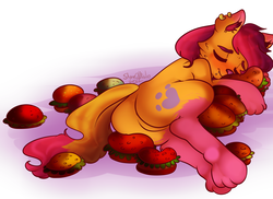 Size: 1828x1332 | Tagged: safe, artist:slynecallisto, oc, oc only, pony, burger, food, hamburger, sleeping, snuggling, solo