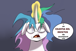 Size: 732x495 | Tagged: safe, artist:suxt0hax, edit, princess celestia, alicorn, pony, g4, cropped, female, floppy ears, glowing horn, horn, mare, messy mane, solo