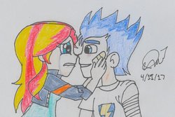 Size: 1024x685 | Tagged: safe, artist:jen-izzy93, flash sentry, sunset shimmer, human, equestria girls, g4, bandage, bandaid, crying, female, male, ship:flashimmer, shipping, straight, traditional art