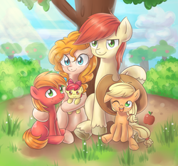 Size: 1496x1400 | Tagged: safe, artist:tcn1205, apple bloom, applejack, big macintosh, bright mac, pear butter, earth pony, pony, g4, season 7, the perfect pear, adorabloom, apple, apple family, apple siblings, apple sisters, apple tree, applejack's parents, baby, baby apple bloom, baby pony, brother and sister, colt, cute, family, female, filly, foal, hat, hug, jackabetes, male, mare, one eye closed, ship:brightbutter, shipping, siblings, sisters, sitting, stallion, straight, tree
