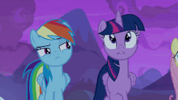 Size: 685x385 | Tagged: safe, screencap, fluttershy, rainbow dash, twilight sparkle, alicorn, pegasus, pony, g4, not asking for trouble, animated, female, flying, gif, lidded eyes, looking at each other, nodding, rainbow trail, smiling, spread wings, twilight sparkle (alicorn), wings