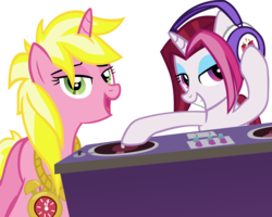 Size: 4590x3676 | Tagged: safe, artist:ironm17, cayenne, sunshine smiles, earth pony, pony, unicorn, g4, testing testing 1-2-3, absurd resolution, bedroom eyes, clock, djing, duo, duo female, female, grin, headset, hip hop, mare, mixer, rapper, rapping, simple background, smiling, transparent background, turntable, vector