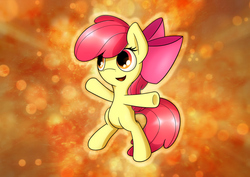 Size: 3508x2480 | Tagged: safe, artist:conniethecasanova, artist:flamevulture17, edit, apple bloom, pony, g4, adorabloom, bipedal, bow, cute, female, hair bow, high res, red hair, red tail, smiling, solo, wallpaper, wallpaper edit