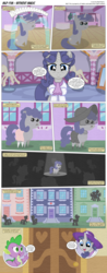Size: 3300x8393 | Tagged: safe, artist:perfectblue97, spike, oc, oc:silver jubilee, dragon, pegasus, pony, unicorn, comic:without magic, g4, absurd resolution, carousel boutique, clothes, comic, crying, mirror, missing ear, pointy ponies, silhouette