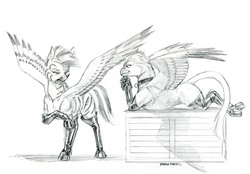 Size: 1400x973 | Tagged: safe, artist:baron engel, oc, oc only, oc:keyboard, oc:scarlet tips, griffon, pegasus, pony, boots, duo, female, grayscale, griffon oc, mare, monochrome, pencil drawing, prone, shoes, simple background, smiling, traditional art, white background