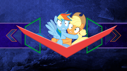 Size: 1920x1080 | Tagged: safe, artist:laszlvfx, artist:rainbowderp98, edit, applejack, rainbow dash, earth pony, pegasus, pony, g4, duo, female, holding each other, looking at you, mare, scared, vector, wallpaper, wallpaper edit