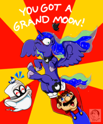 Size: 1000x1200 | Tagged: safe, artist:dfkjr, princess luna, g4, anatomically incorrect, blushing, butt, cappy, cappy (mario), crossover, hand on butt, happy, incorrect leg anatomy, jewelry, lifting, lifting ponies, luna is not amused, male, mario, nintendo, plot, pun, regalia, super mario bros., super mario odyssey, surprised, text, wtf