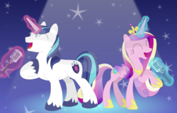 Size: 3456x2217 | Tagged: safe, artist:porygon2z, princess cadance, shining armor, alicorn, pony, g4, duet, female, high res, husband and wife, male, microphone, ship:shiningcadance, shipping, singing, straight