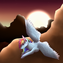 Size: 1102x1102 | Tagged: safe, artist:pndrws, rainbow dash, pegasus, pony, g4, female, looking at you, mare, resting, smiling, solo, spread wings, sunset, wings
