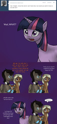 Size: 1290x2796 | Tagged: safe, artist:queenmomi-chan, doctor whooves, time turner, twilight sparkle, oc, oc:lightning blitz, oc:sandy hooves, earth pony, pegasus, pony, ask discorded whooves, ask miss twilight sparkle, ask pregnant scootaloo, g4, baby, baby pony, colt, comic, dialogue, discord whooves, female, holding a pony, male, mare, miss twilight sparkle, offspring, onesie, parent:rain catcher, parent:scootaloo, parents:catcherloo, the doctor