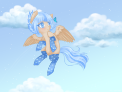 Size: 1200x900 | Tagged: safe, artist:halcyondrop, oc, oc only, butterfly, pony, clothes, cloud, flying, sky, socks, solo