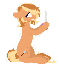 Size: 1024x1139 | Tagged: safe, artist:alliedrawsart, oc, oc only, oc:minced meat, earth pony, pony, bandana, blue eyes, colored eyelashes, colored pupils, commission, female, floppy ears, freckles, gritted teeth, hoof hold, knife, lineless, looking at something, mare, nervous, shivering, signature, simple background, sitting, solo, sweat, transparent background, wavy mouth