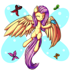 Size: 2215x2290 | Tagged: safe, artist:francusfri, fluttershy, butterfly, pony, g4, belly button, chest fluff, cute, eyes closed, female, flying, high res, shyabetes, simple background, solo, transparent background