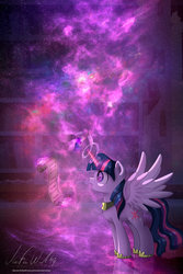 Size: 1600x2400 | Tagged: safe, artist:wavecipher, twilight sparkle, alicorn, pony, g4, book, bookshelf, eye reflection, female, glowing horn, horn, magic, nebula, reflection, scroll, solo, space, spread wings, stars, telekinesis, twilight sparkle (alicorn), wings