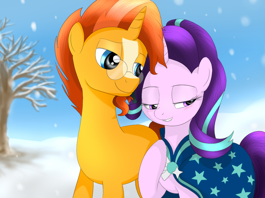 1473643 - safe, artist:fotasy, starlight glimmer, sunburst, pony, unicorn,  g4, accessory swap, blushing, clothes, cute, duo, female, glasses,  glimmerbetes, lidded eyes, male, mare, robe, ship:starburst, shipping,  smiling, snow, stallion, starlight ...