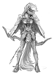 Size: 1400x1962 | Tagged: safe, artist:fidzfox, rainbow dash, pegasus, anthro, g4, archer dash, armor, armor skirt, bow (weapon), breasts, busty rainbow dash, clothes, female, looking at you, mare, monochrome, simple background, skirt, skyrim, solo, the elder scrolls, white background