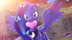 Size: 1200x675 | Tagged: safe, artist:loveslove, princess luna, alicorn, butterfly, pony, g4, 3d, cute, female, forest, heart, jewelry, looking at you, lunabetes, mare, mouth hold, regalia, solo, source filmmaker, spread wings, tree, wings