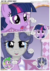Size: 3300x4718 | Tagged: safe, artist:perfectblue97, spike, twilight sparkle, oc, oc:silver jubilee, dragon, earth pony, pony, comic:without magic, g4, blank flank, carousel boutique, comic, earth pony twilight, high res, missing ear